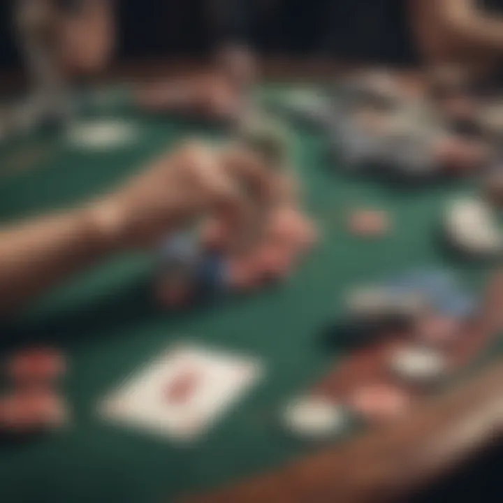 A strategic poker table setup with chips and cards