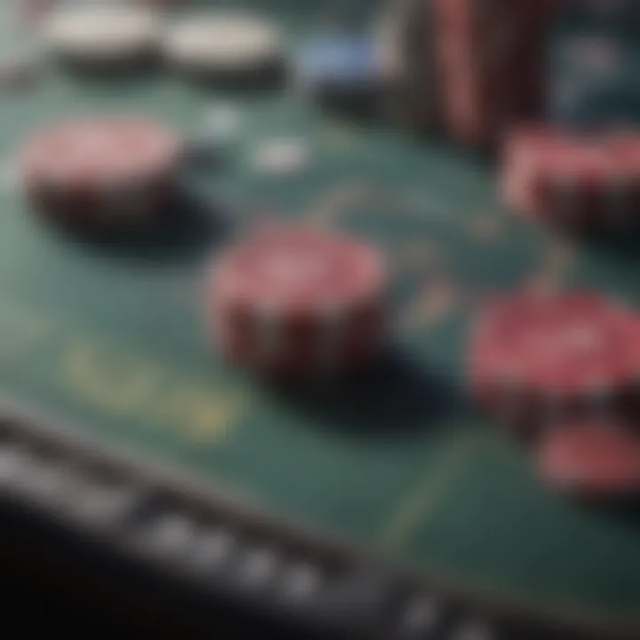 A close-up of poker chips and cards on a table