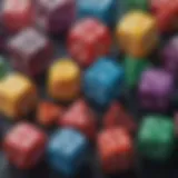 A vibrant collection of five colorful dice showcasing different sides and numbers