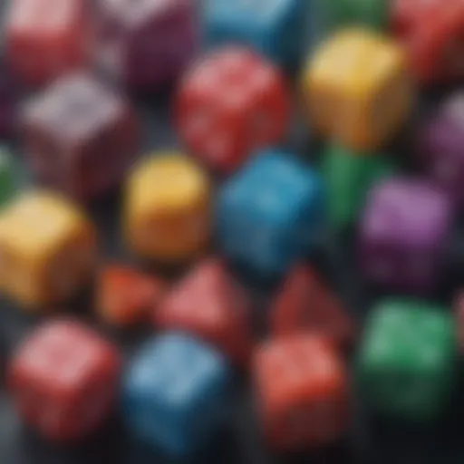 A vibrant collection of five colorful dice showcasing different sides and numbers