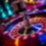 A vibrant spinning roulette wheel with colorful chips placed around it