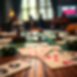 A close-up of a Tonk card layout on a wooden table