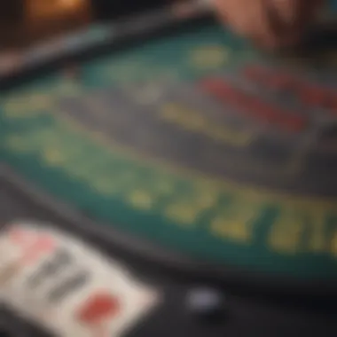 Close-up view of a blackjack table with chips and cards