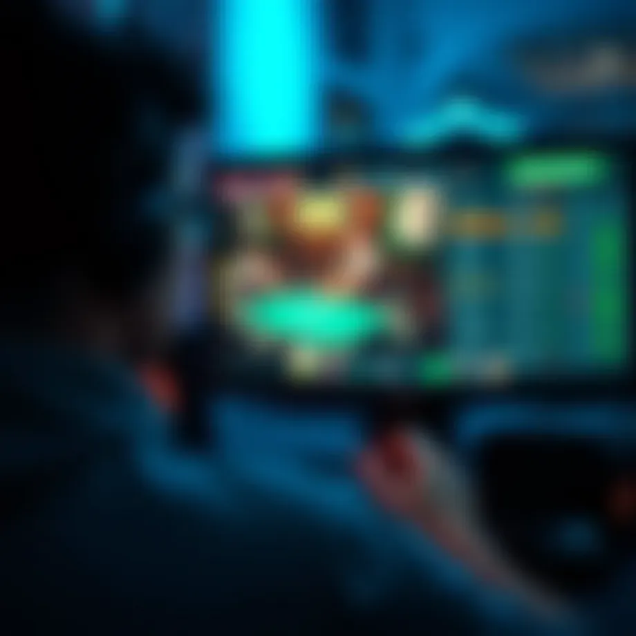 A player focused on their online poker game with a computer screen displaying a virtual table