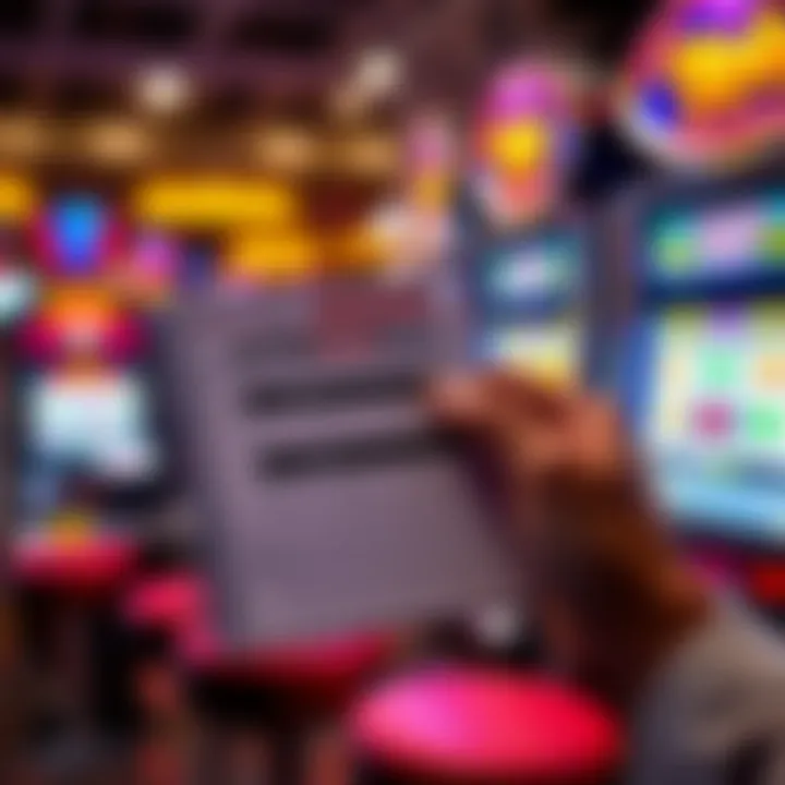 A hand holding a bankroll management planner next to slot machine play