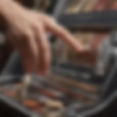 A close-up of a player's hand pressing the spin button on a penny slot.