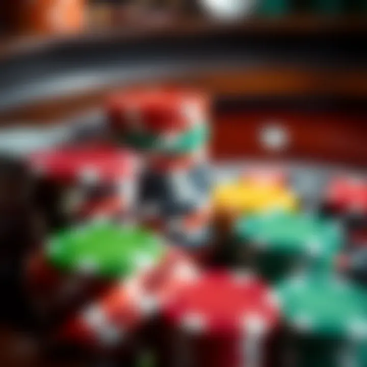 Close-up of roulette chips stacked in various colors