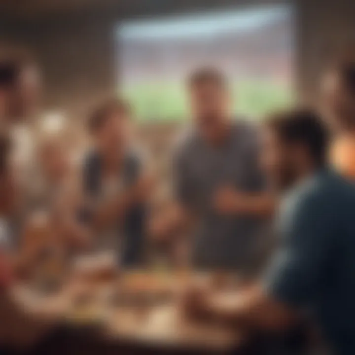 An engaging scene of friends gathered around a television, celebrating a sports event with excitement.