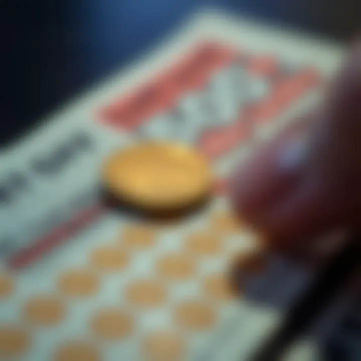 Scratching Off a Ticket A close-up view of a scratch-off ticket with a coin scratching off the surface revealing potential winnings