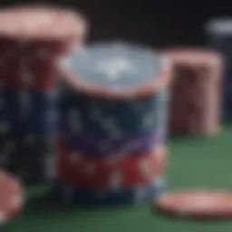 Close-up view of poker chips stacked high, representing potential winnings.